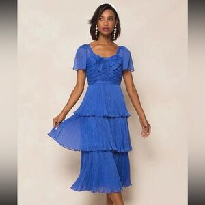 Ivy City Co. Cecily Blue Midi Tiered Dress Gold Streaks Pleated Formal Cocktail